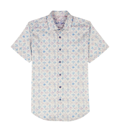 Short-sleeve shirt with blue floral pattern on a white background