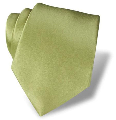 The DION Solid Silk Tie by Dion features a neatly rolled light olive green satin finish, ideal for formal occasions, displayed on a plain white background.
