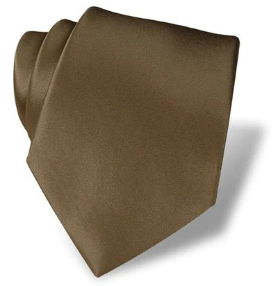 The DION Solid Silk Tie by Dion, featuring a neatly folded, solid brown color and smooth satin finish, is perfect for formal occasions and displayed against a white background.