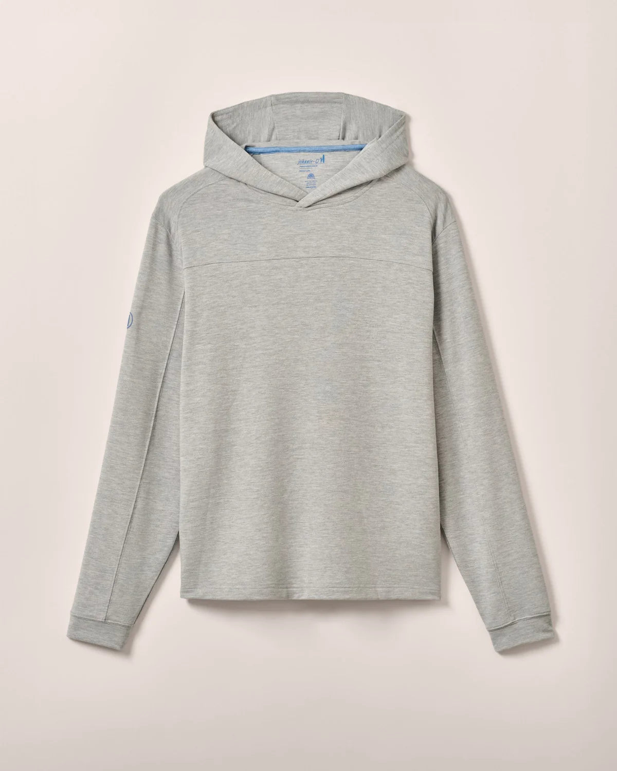 The Johnnie-O Remmy Big & Tall Hoodie by Johnnie-O features a light grey french terry fabric, long sleeves, and a relaxed fit, shown against a plain off-white background.