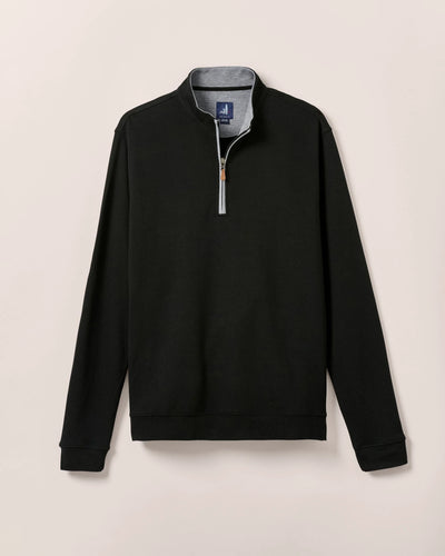 The Johnnie-O 1/4 Zip Sweater SULLY Big & Tall in black is crafted from a cotton-blend, featuring a stand-up collar, grey inner lining, and a brown zipper pull tab, shown against a light background.