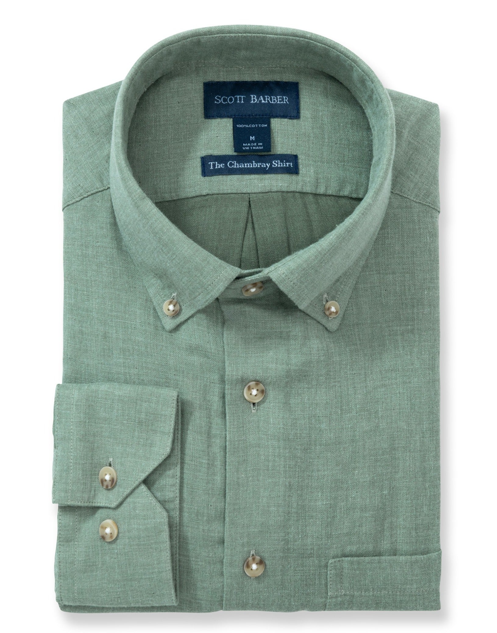 Green dress shirt with button details on a white background