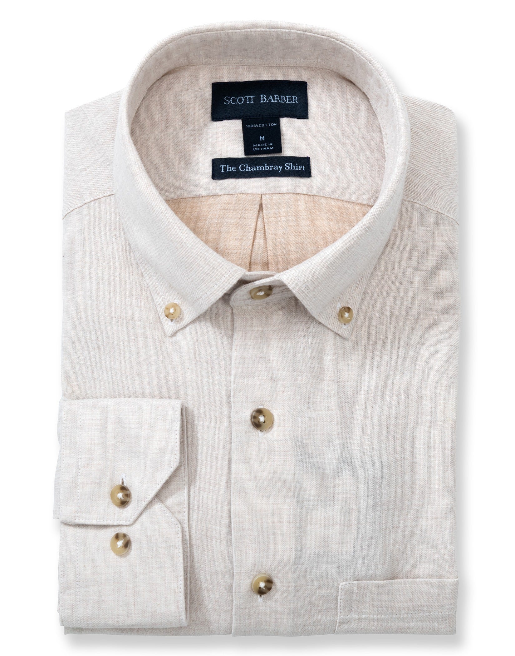 Light gray dress shirt with gold buttons on a white background