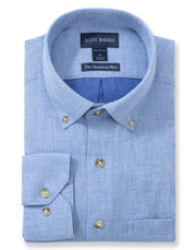 Blue dress shirt with collar and button details on a white background
