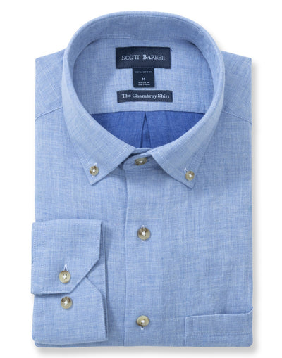 Blue dress shirt with collar and button details on a white background