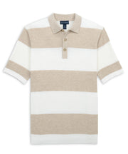 Beige and white striped polo shirt on a white background