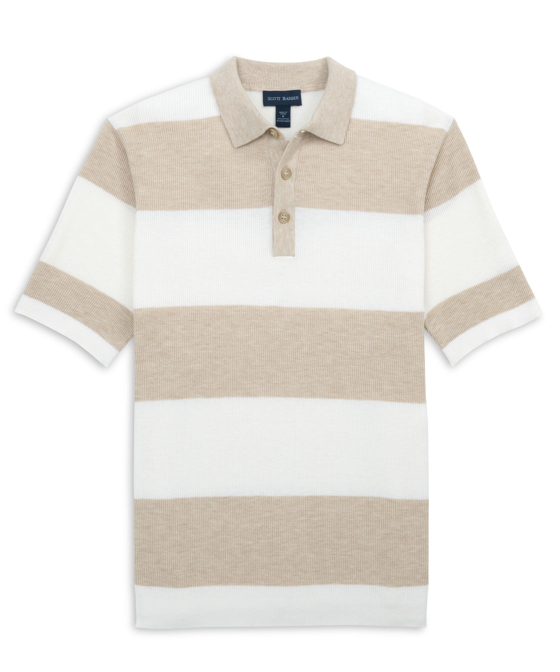 Beige and white striped polo shirt on a white background