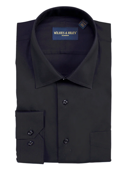 A neatly folded Wilkes & Riley Solid Dress Shirt in tailored fit, featuring a spread collar and crisp finish for a polished, wrinkle-free look.