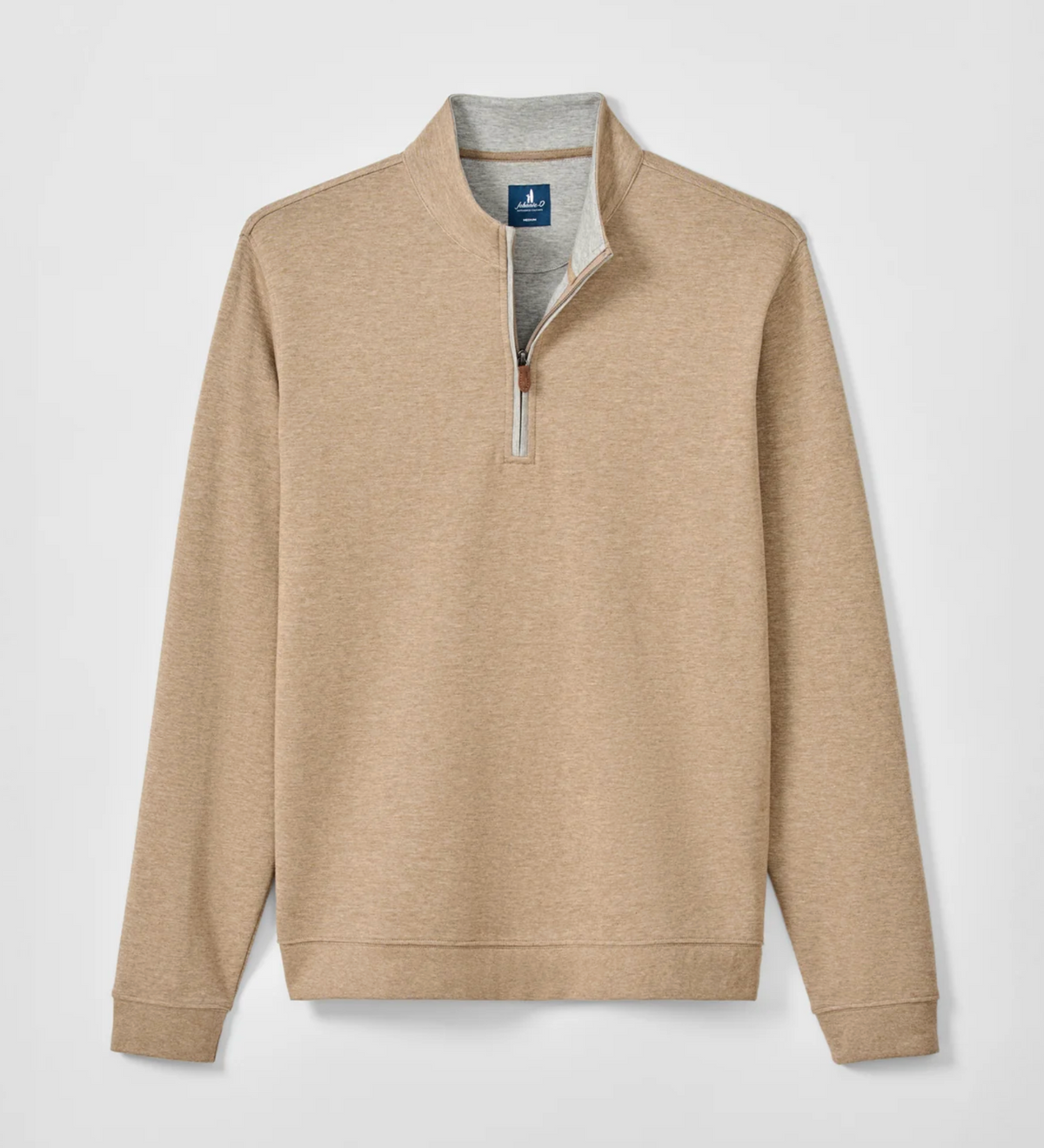 Johnnie-O Sweater SULLY 1/4 Zip in tan cotton-blend with a gray inner collar and a small leather zipper pull.