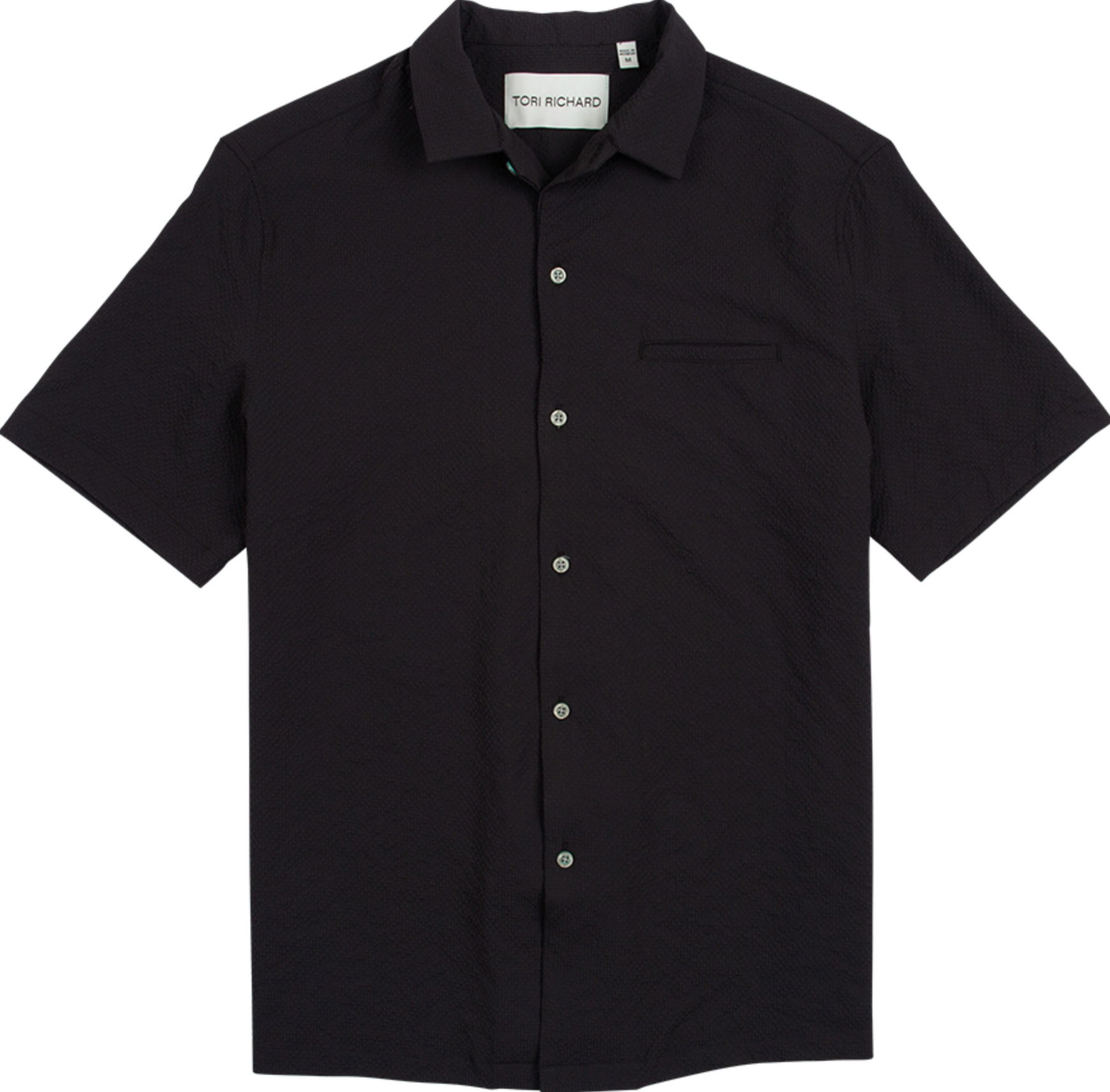 Black short-sleeve shirt with button details on a white background