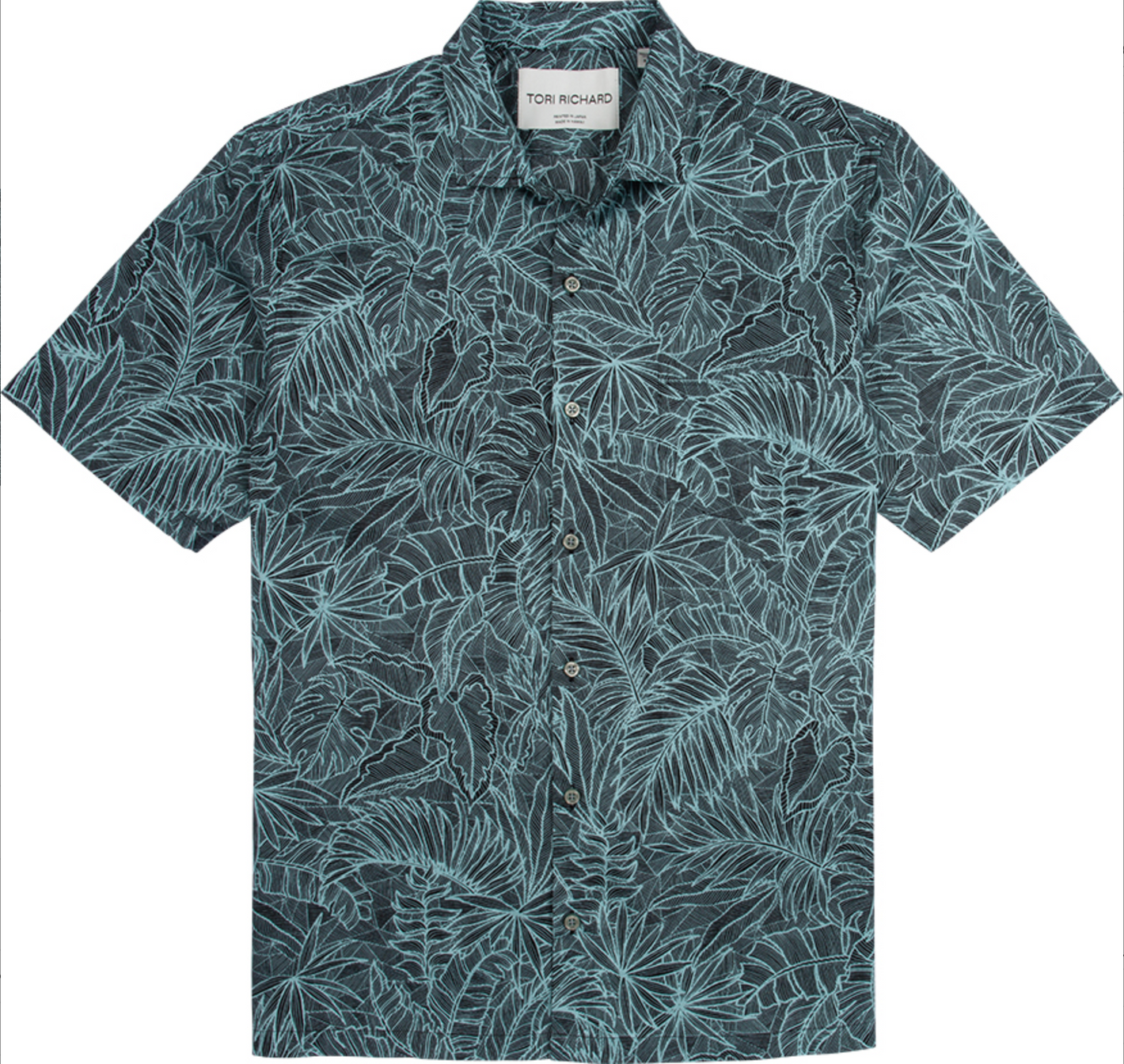 Short-sleeve shirt with leaf pattern on a white background