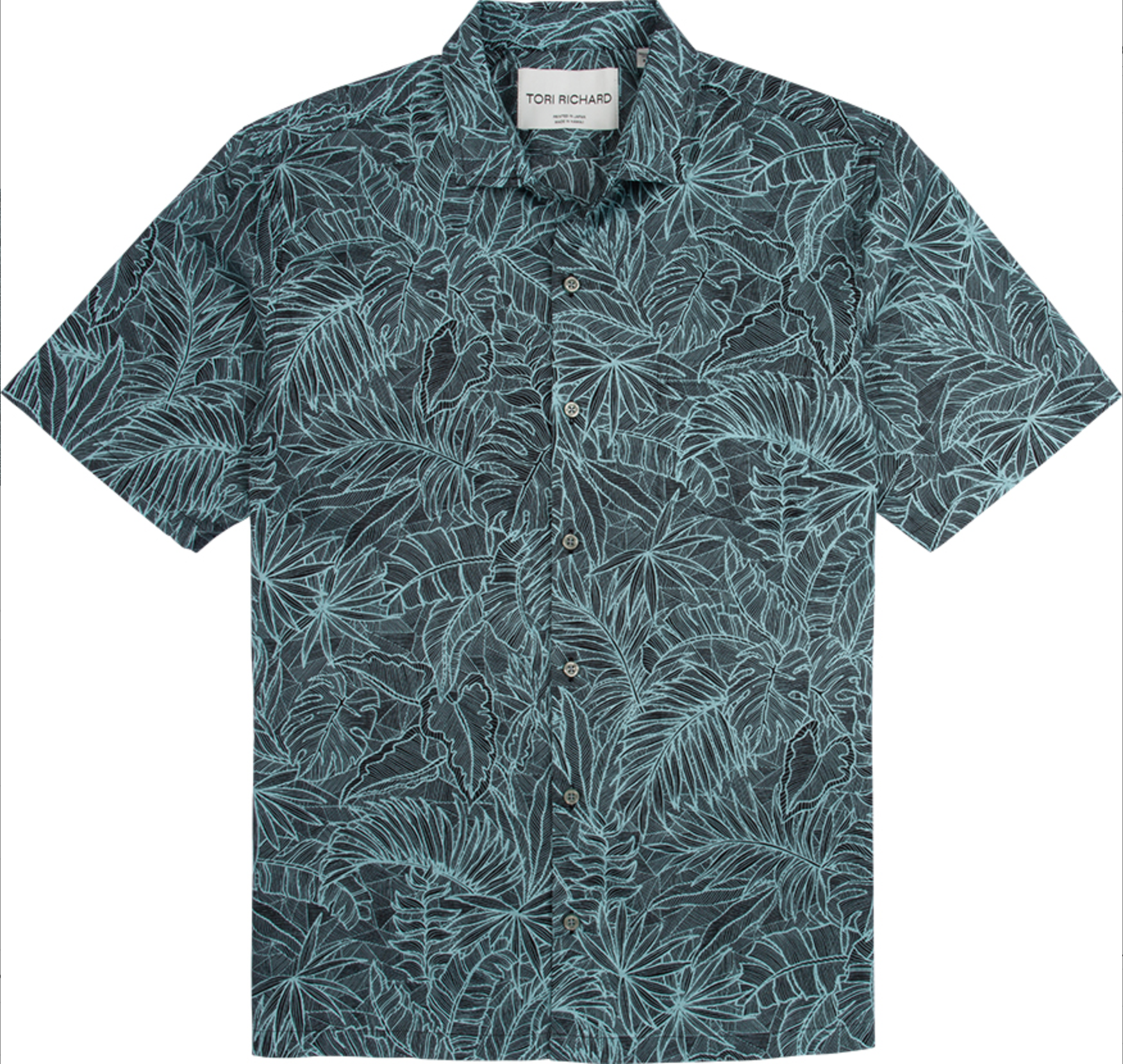 Short-sleeve shirt with leaf pattern on a white background