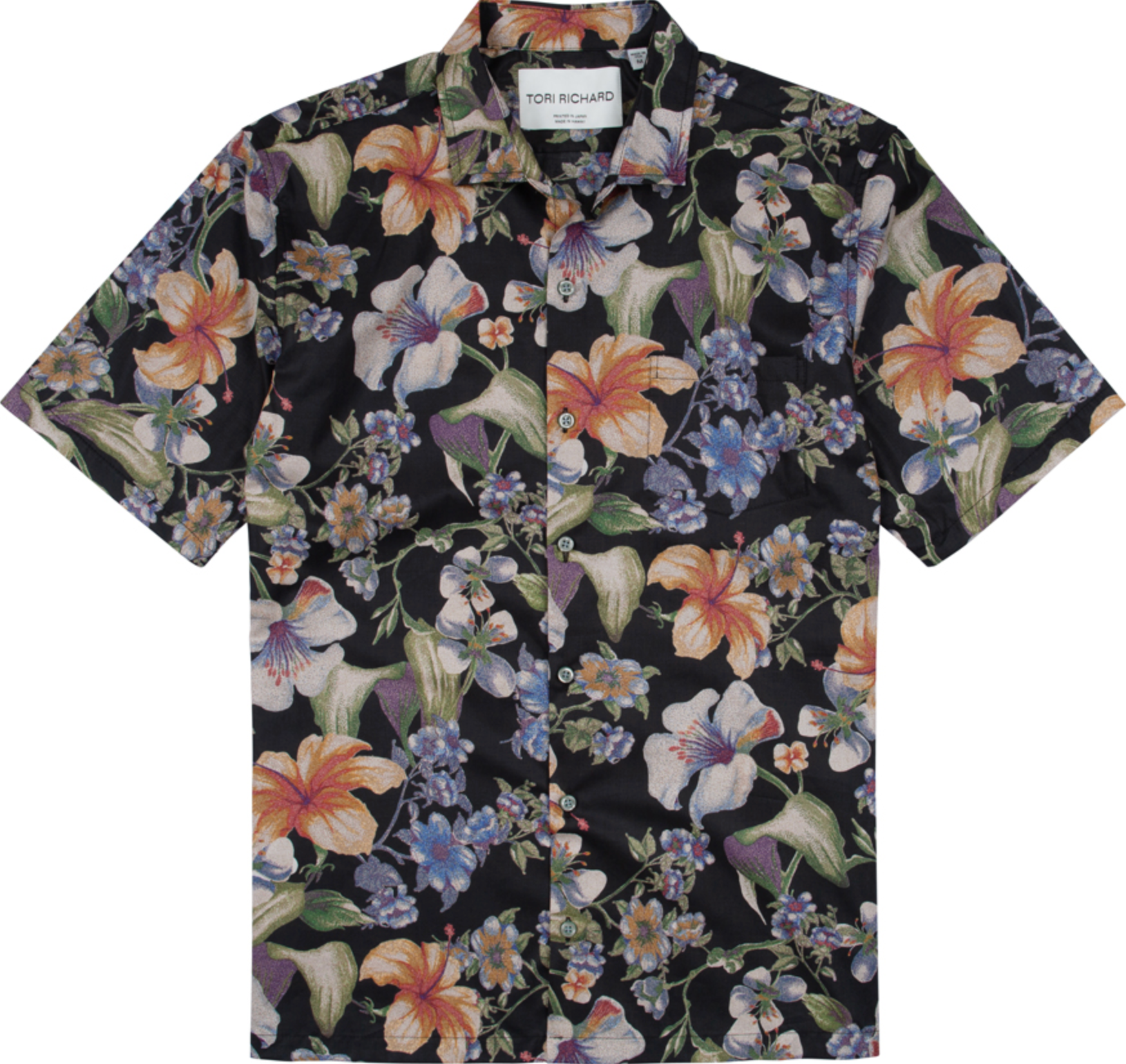 Floral patterned shirt with colorful flowers on a black background, brand 'Tor Ricardo' visible.