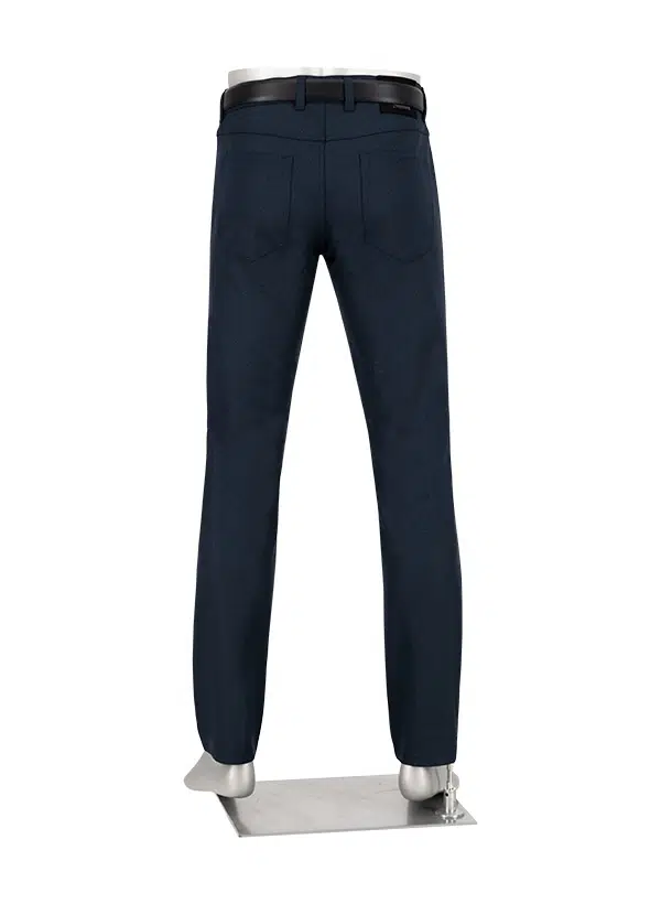 Back view of Alberto Pipe Melange Birdseye Pant 1638 in navy blue regular fit, shown on a mannequin with a black belt, displayed on a metal stand against a white background.