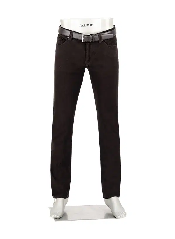A pair of black Alberto Pipe 1607 Jeans in stretch cotton, featuring a classic five-pocket design and a black belt, displayed on a mannequin from the waist down against a plain white background.