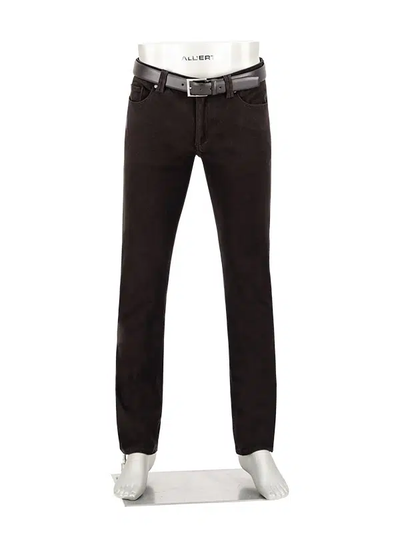 A pair of black Alberto Pipe 1607 Jeans in stretch cotton, featuring a classic five-pocket design and a black belt, displayed on a mannequin from the waist down against a plain white background.