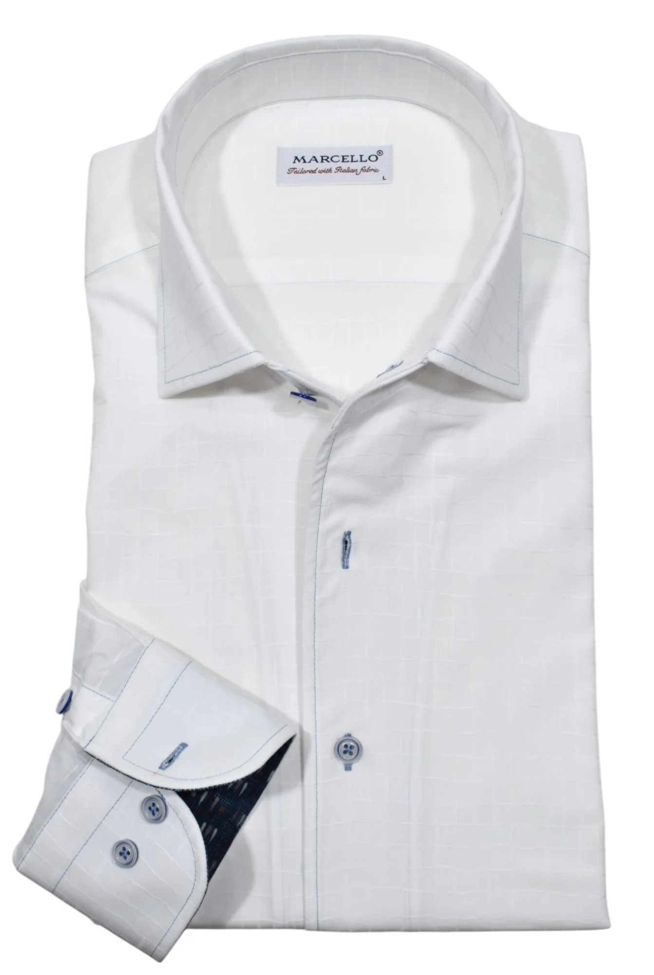 The Marcello Barney White Sport Shirt W-081R features light blue buttons, a subtle check pattern, a refined one-piece roll collar, and the MARCELLO label inside the collar.