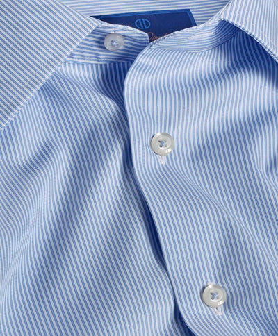 Close-up of the David Donahue Fine Stripe Dress Shirt TBSP09950135, featuring blue and white fine stripes, white buttons, and a partial collar for a classic look.