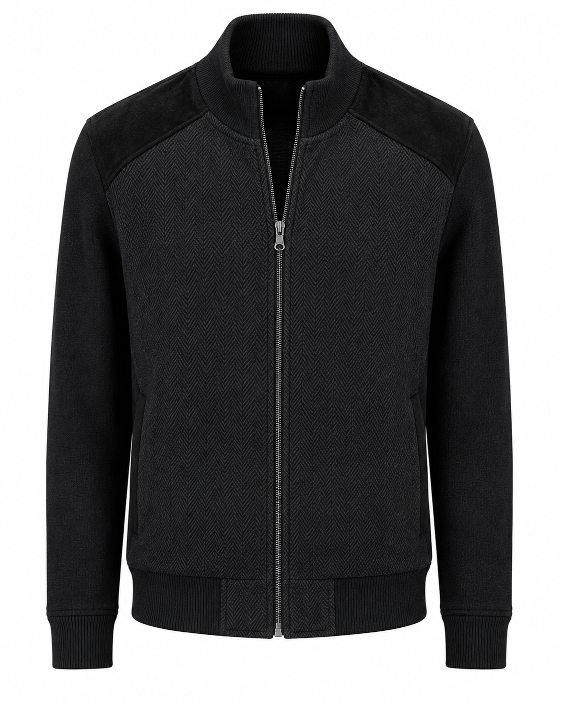 The Enzo Nino Suede Bomber Jacket from Enzo features a black zip-up design with ribbed cuffs and hem, a herringbone patterned front, and solid black shoulder and sleeve panels.