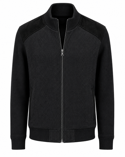 The Enzo Nino Suede Bomber Jacket from Enzo features a black zip-up design with ribbed cuffs and hem, a herringbone patterned front, and solid black shoulder and sleeve panels.