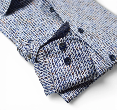 Marcello Dali Vertical Ovals Sport Shirt W228 featuring a blue and white Python Swirl pattern of vertical ovals and dark blue buttons.
