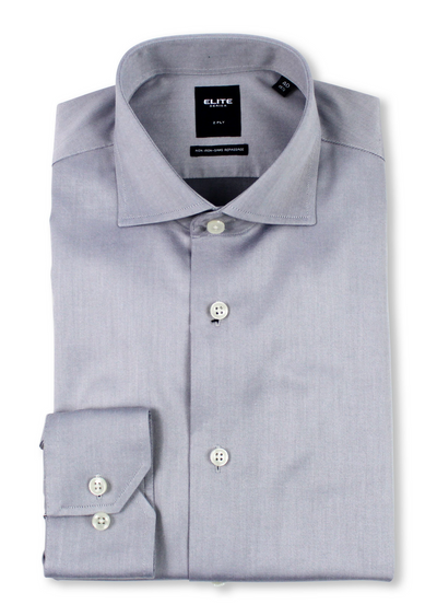 A neatly folded light gray long-sleeve dress shirt with white buttons, displayed on a white background.