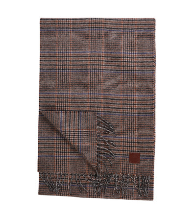 The Amanda Christensen Check Pattern Scarf 440700 features brown and gray plaid wool, fringed edges, a classic check design, and a small brown leather patch—an elegant accessory by Amanda Christensen for any wardrobe.