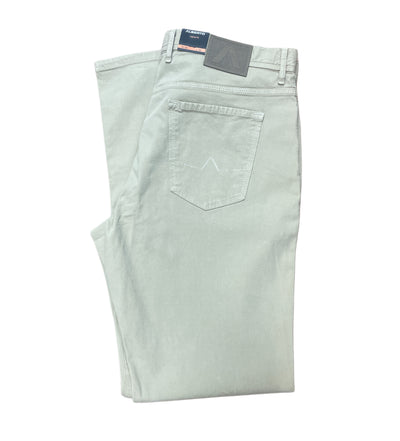 A pair of light gray Alberto Pipe 1607 Jeans is folded neatly, showcasing the visible back pocket and the Alberto brand label on the waistband. Made from stretch cotton trousers material, these regular fit jeans provide both comfort and style.