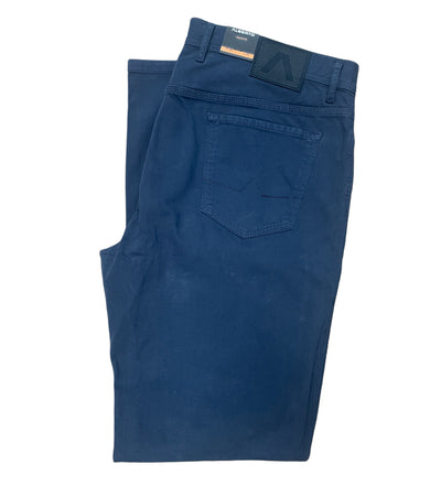 A pair of folded navy blue Alberto Pipe 1607 Jeans by Alberto, featuring a regular fit, a rear pocket, and a black waistband label, crafted from stretch cotton trousers fabric, displayed on a white background.