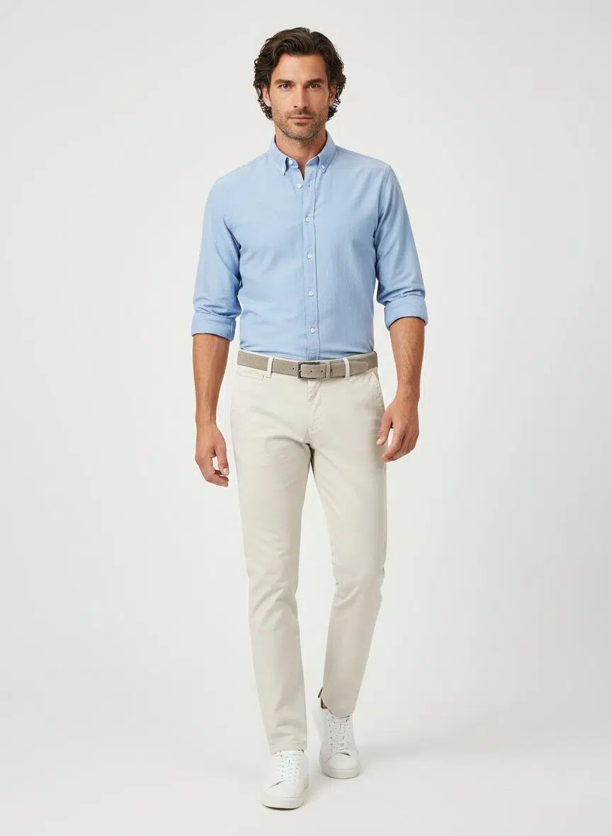 Man wearing a light blue shirt, beige pants, and white shoes on a white background