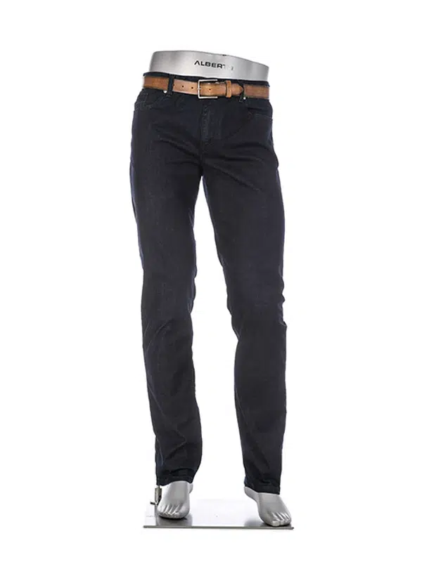 dark denim jeans with a belt on a mannequin against a white background