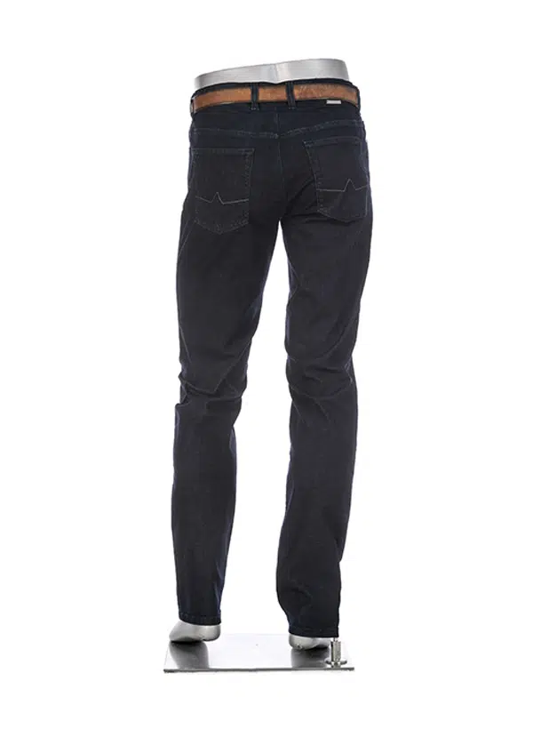 Dark blue jeans with a brown belt on a white background