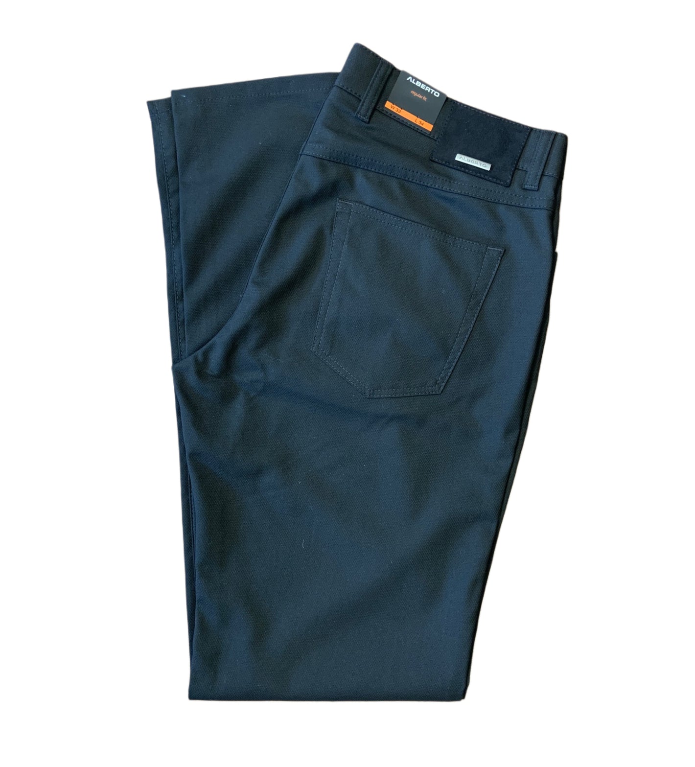 A pair of neatly folded black Alberto Ceramica Stone 1434 Big & Tall Classic Fit Pants with visible back pocket and belt loops, crafted from wrinkle-resistant Italian Ceramica fabric, displayed on a white background.