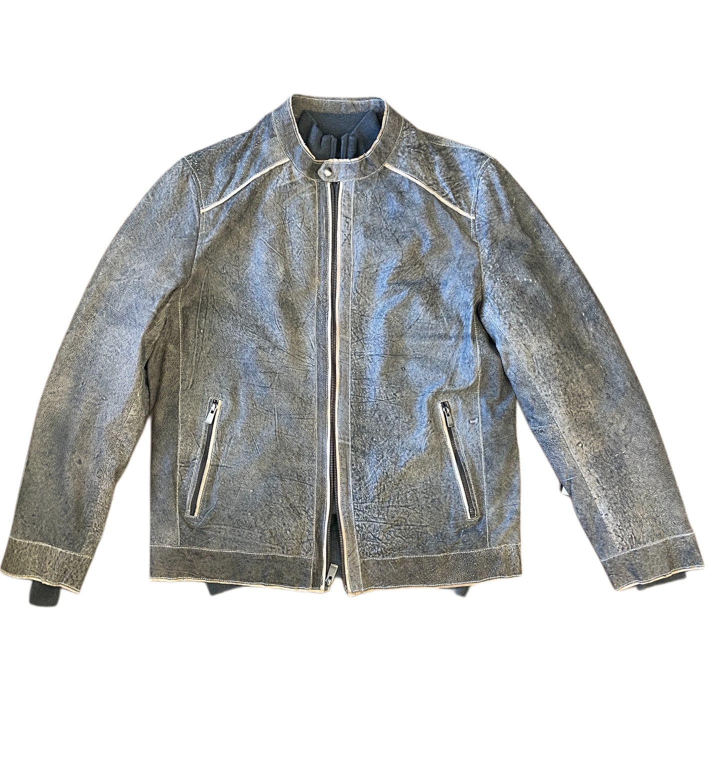 The Missani Leather Jacket 96563 by Missani is a gray, distressed lambskin jacket with a front zipper, two zippered side pockets, and a stand collar, displayed flat on a white background.