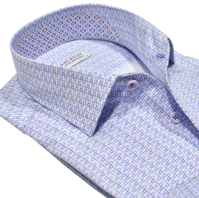 The Marcello W-957R Sky/Lilac shirt features a blue geometric linked circles pattern, purple buttons, and a visible inside collar label, crafted from luxurious cotton sateen.