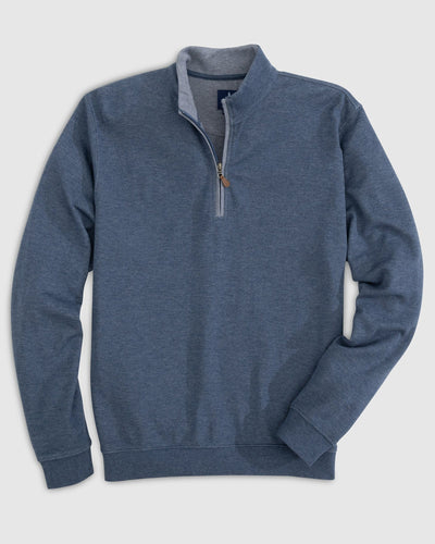 The Johnnie-O Sweater SULLY 1/4 Zip is a blue men’s cotton-blend pullover with ribbed cuffs and hem, shown against a plain light gray background.