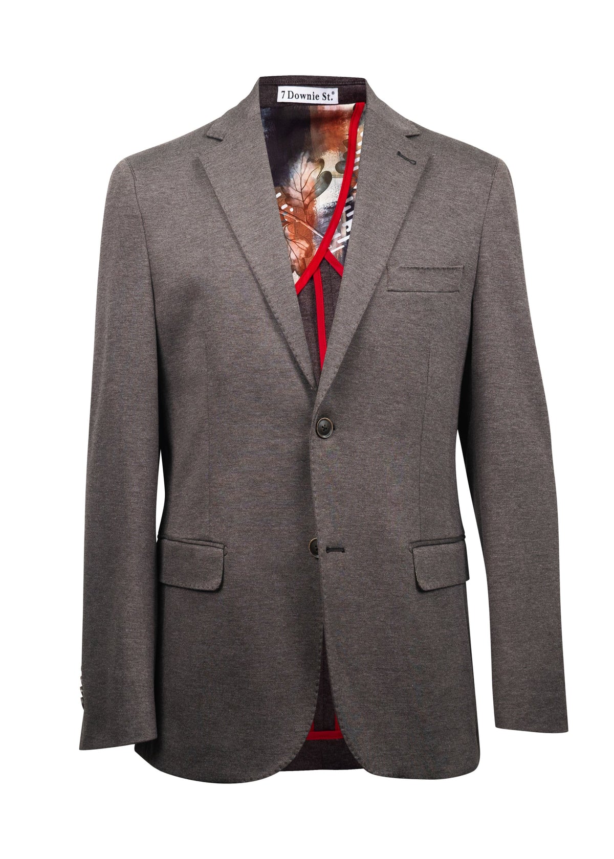 The 7 Downie St Alden Sport Coat Big & Tall by 7 Downie St features a grey cotton stretch fabric, two-button closure, notched lapels, flap pockets, and a chest pocket. Its inner lining showcases a vibrant print and the signature Downie St label at the collar, bringing a modern edge to this classic blazer.