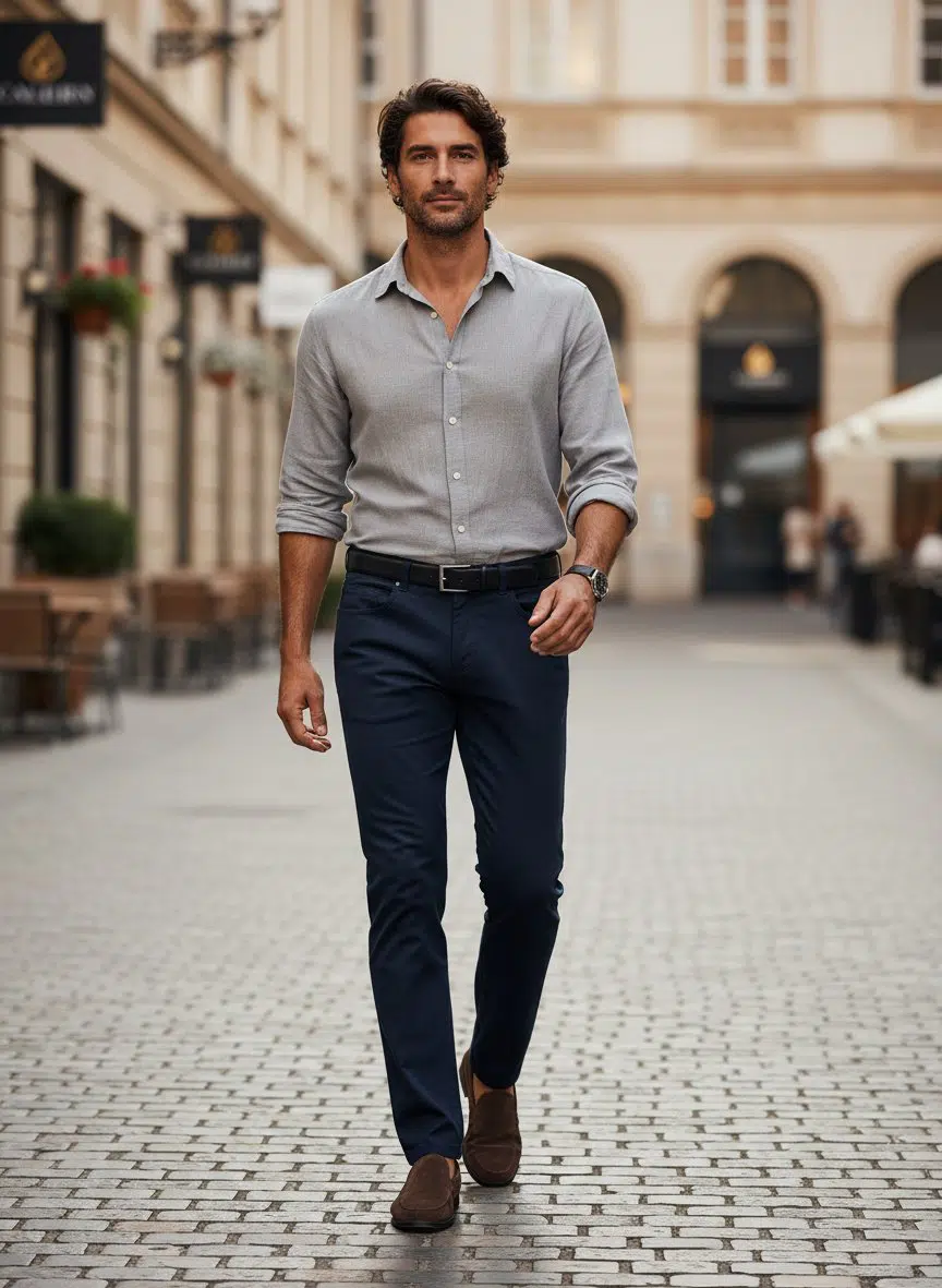 A man wearing a grey shirt, Alberto Pipe Melange Birdseye Pant 1638 by Alberto, and brown loafers walks down a cobblestone street in an urban setting with buildings and outdoor seating in the background.