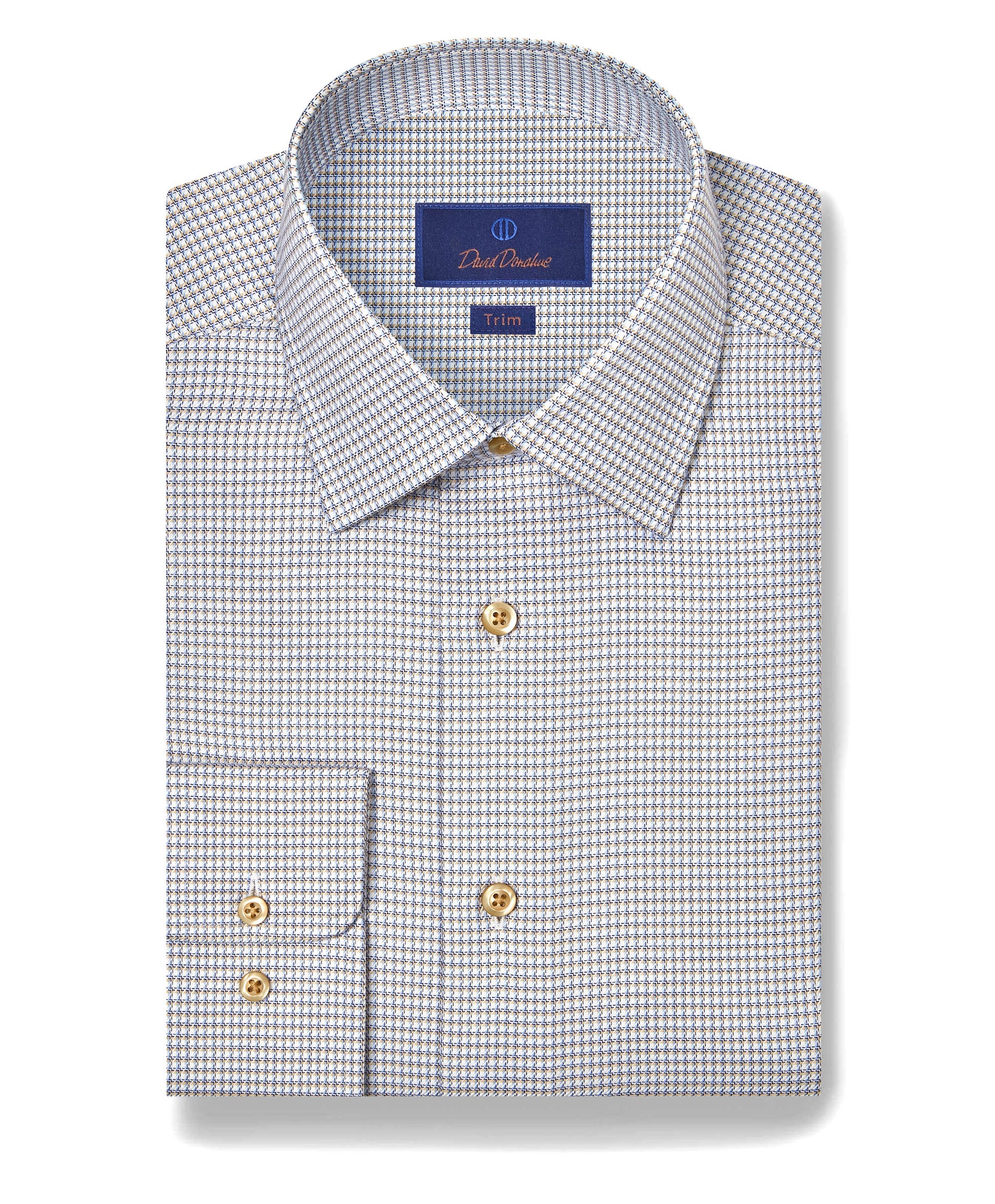 The David Donahue Micro-Check Dress Shirt TBSP12807124 features blue and white checks, tan buttons, and a "Trim" label inside the collar, blending classic style with a modern touch.