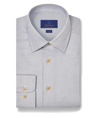 The David Donahue Micro-Check Dress Shirt TBSP12807124 features blue and white checks, tan buttons, and a "Trim" label inside the collar, blending classic style with a modern touch.