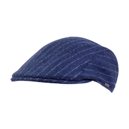The Wigens Ivy Modern by Wigens is a blue wool cap with subtle white pinstripes, shown side-on against a plain white background. This modern flat cap blends classic style with contemporary flair.