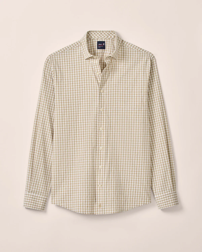 The Johnnie-O Westwood Performance Check Shirt by Johnnie-O is a long-sleeve, wrinkle-resistant button-up with a beige and white gingham check pattern, displayed flat on a light background.