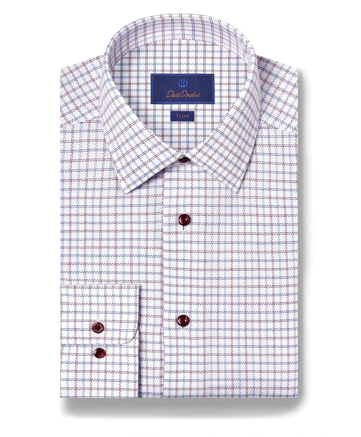 The David Donahue Blue/Berry Check Prt Shirt TBSP11808 features a folded, long-sleeve design with a spread collar, small blue and berry textured check pattern, and dark buttons.