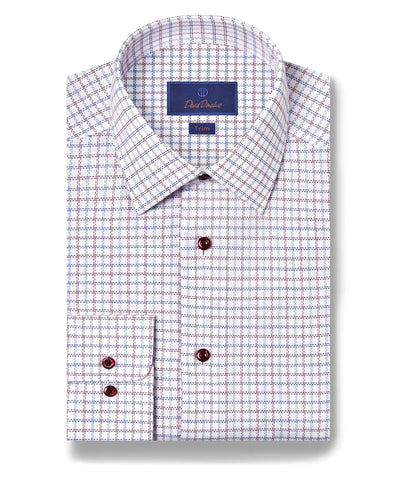 The David Donahue Blue/Berry Check Prt Shirt TBSP11808 features a folded, long-sleeve design with a spread collar, small blue and berry textured check pattern, and dark buttons.
