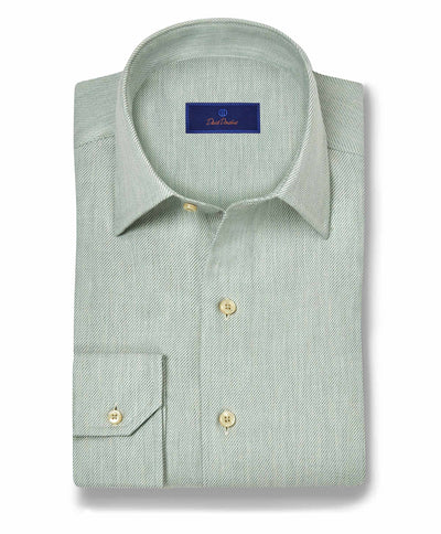 The David Donahue Cashmere Blend Shirt (CBSM11101) features a spread collar and beige buttons—luxury men’s style in light green, crafted for refinement.