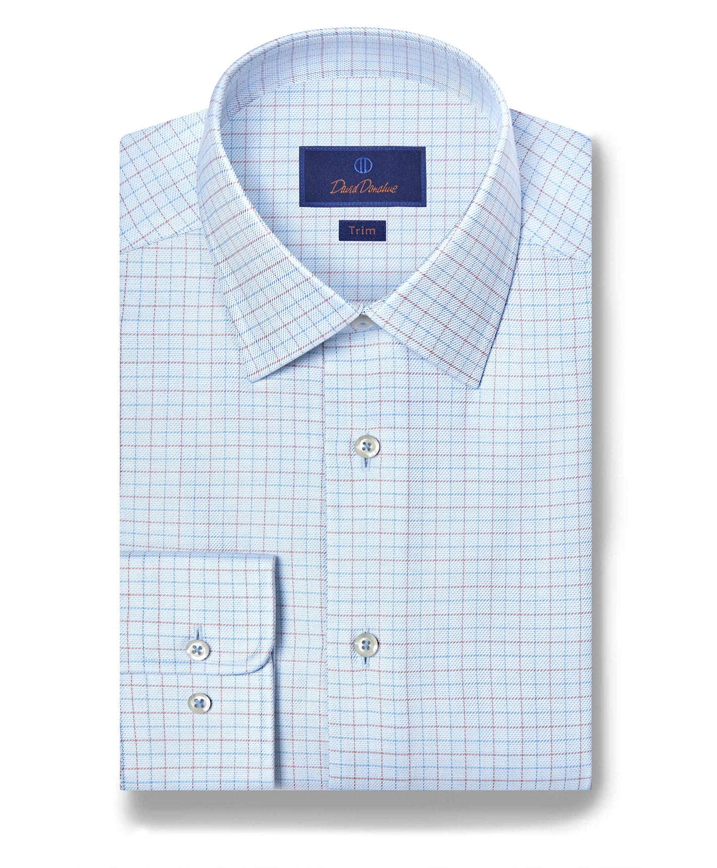 A neatly folded, buttoned David Donahue Twill Check Dress Shirt (TBSP12809489) in light blue with a red and blue grid pattern displays a trim fit label inside the collar.
