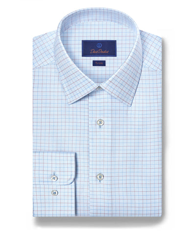 A neatly folded, buttoned David Donahue Twill Check Dress Shirt (TBSP12809489) in light blue with a red and blue grid pattern displays a trim fit label inside the collar.