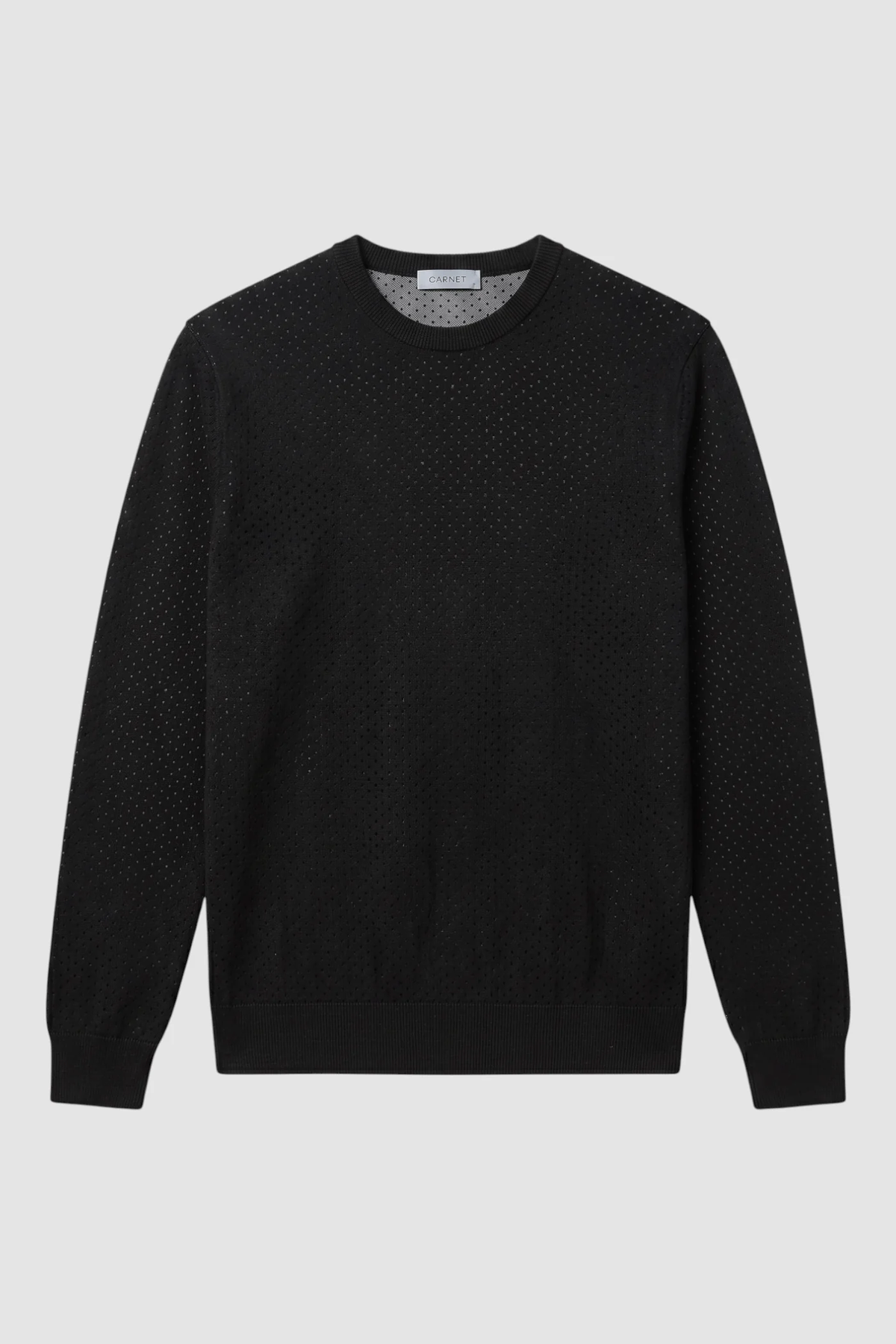 Garnet Upton Merino Ribbed Crewneck Sweater 2622002 by Garnet, featuring black merino wool with a subtle perforated pattern, long sleeves, and ribbed cuffs, displayed against a plain light gray background.