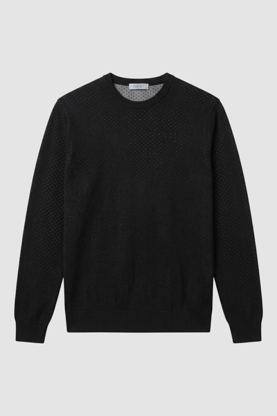 Garnet Upton Merino Ribbed Crewneck Sweater 2622002 by Garnet, featuring black merino wool with a subtle perforated pattern, long sleeves, and ribbed cuffs, displayed against a plain light gray background.