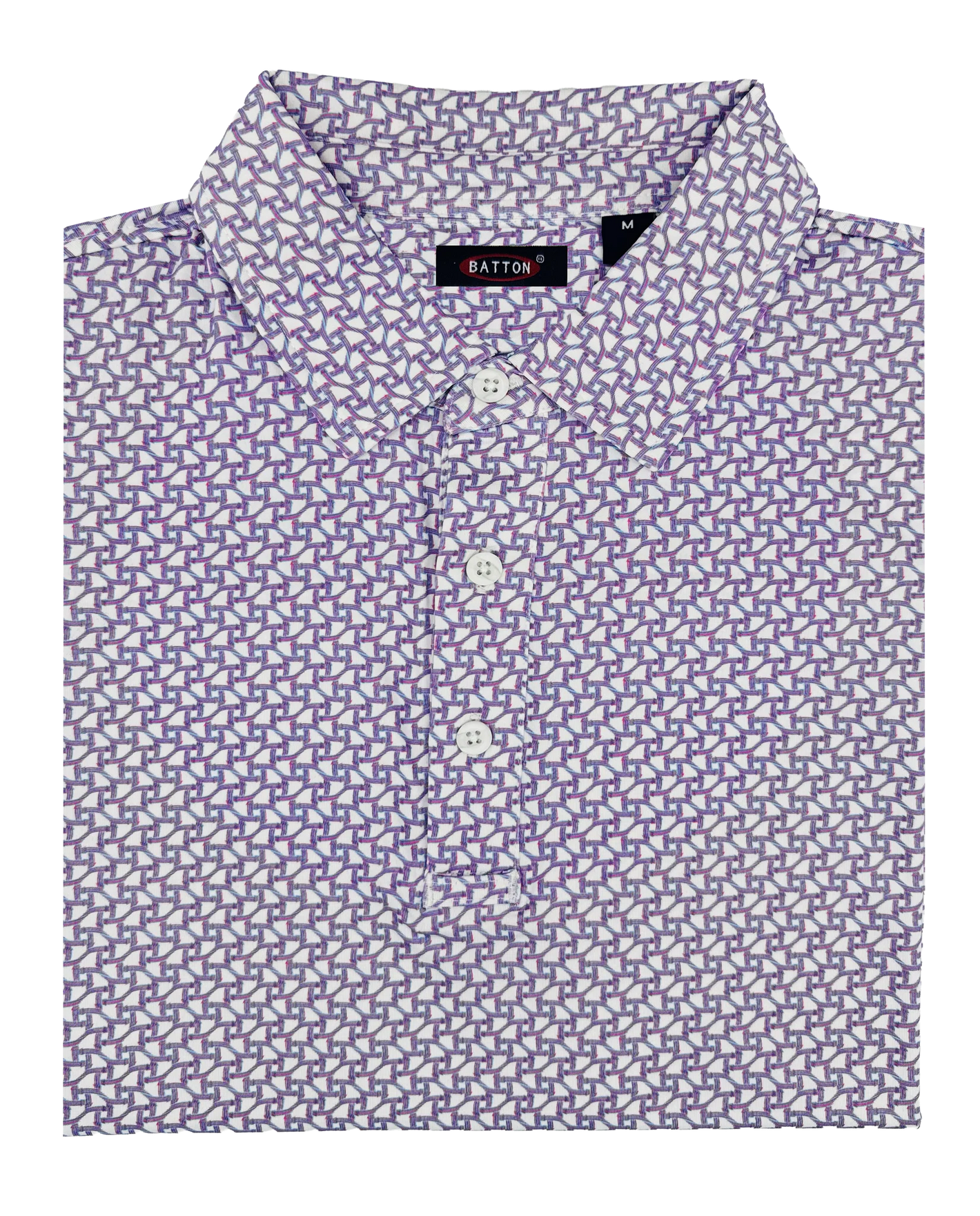Purple patterned shirt with a brand label on a white background